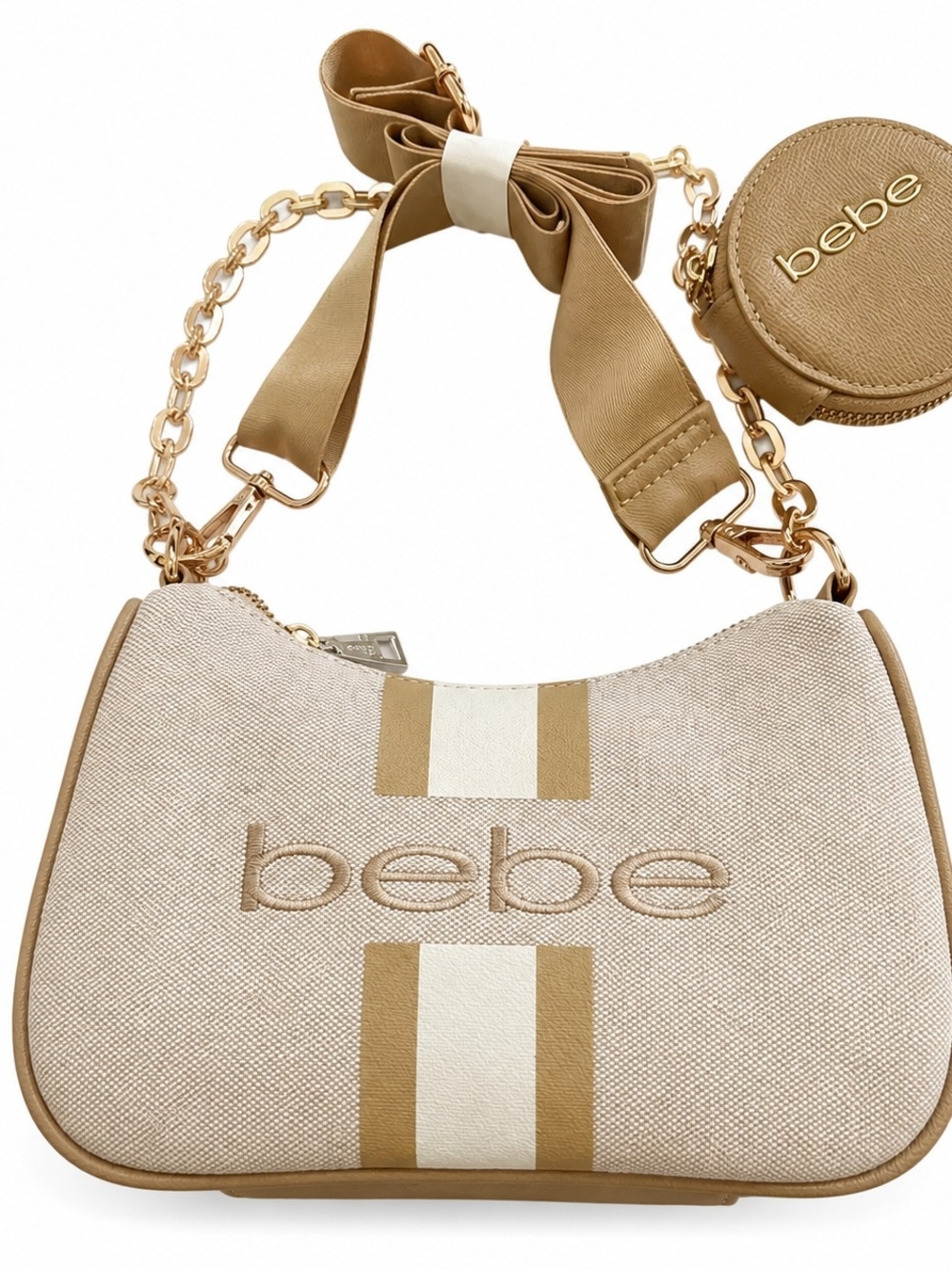 Bebe Canvas Stripe Shoulder Bag w/ Coin Purse Almond Beige Y2K‎ NWT